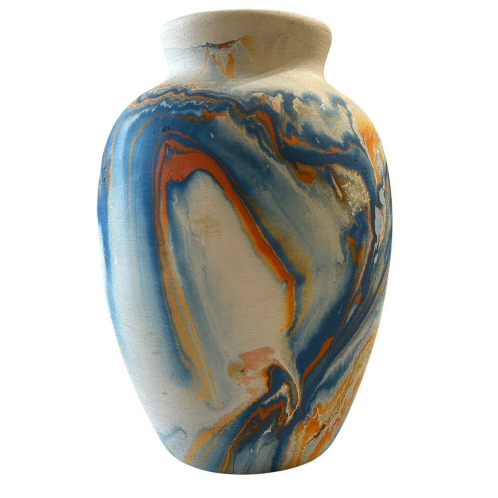 Nemadji Pottery Vase 6.5" Blue Orange Marbled Swirl USA Art Pottery